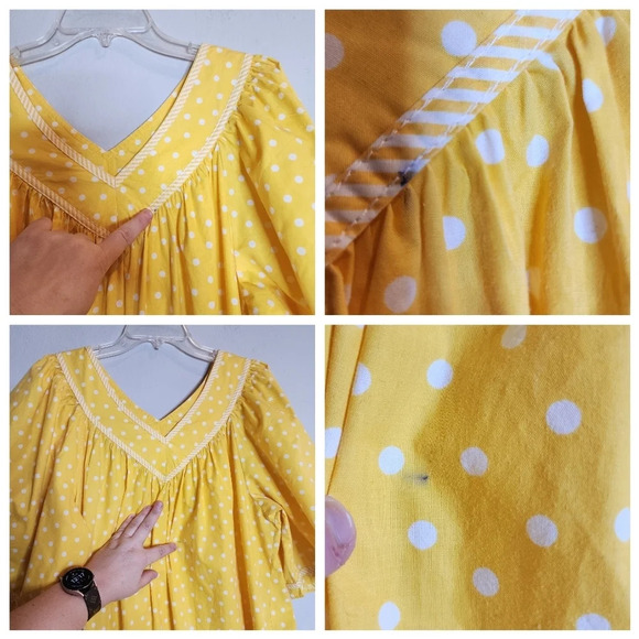 Vintage Two Potato Yellow Polka Dot Midi  Dress Mumu Wide Sleeve Pockets XL - Picture 5 of 16